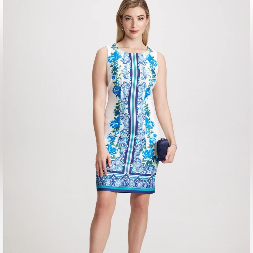 Laura Sleeveless Floral Sheath Dress White Blue